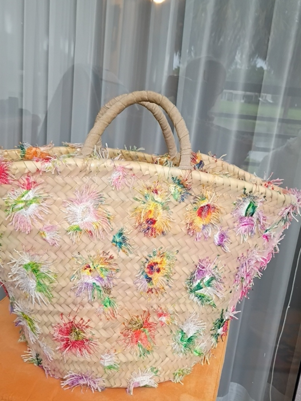 Bertini Handwoven Natural Straw Tote  Multicolor Fringe Details Made In Italy